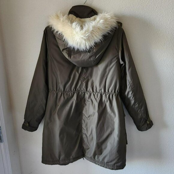 H&M Coat Olive Green Fur Hooded Puffer Parka Jacket Size S Vintage Y2k - Picture 2 of 8